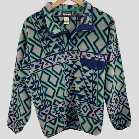 Patagonia Synchilla Snap T Fleece Grey Green Blue Mountain Siete Print Small - Picture 10 of 10